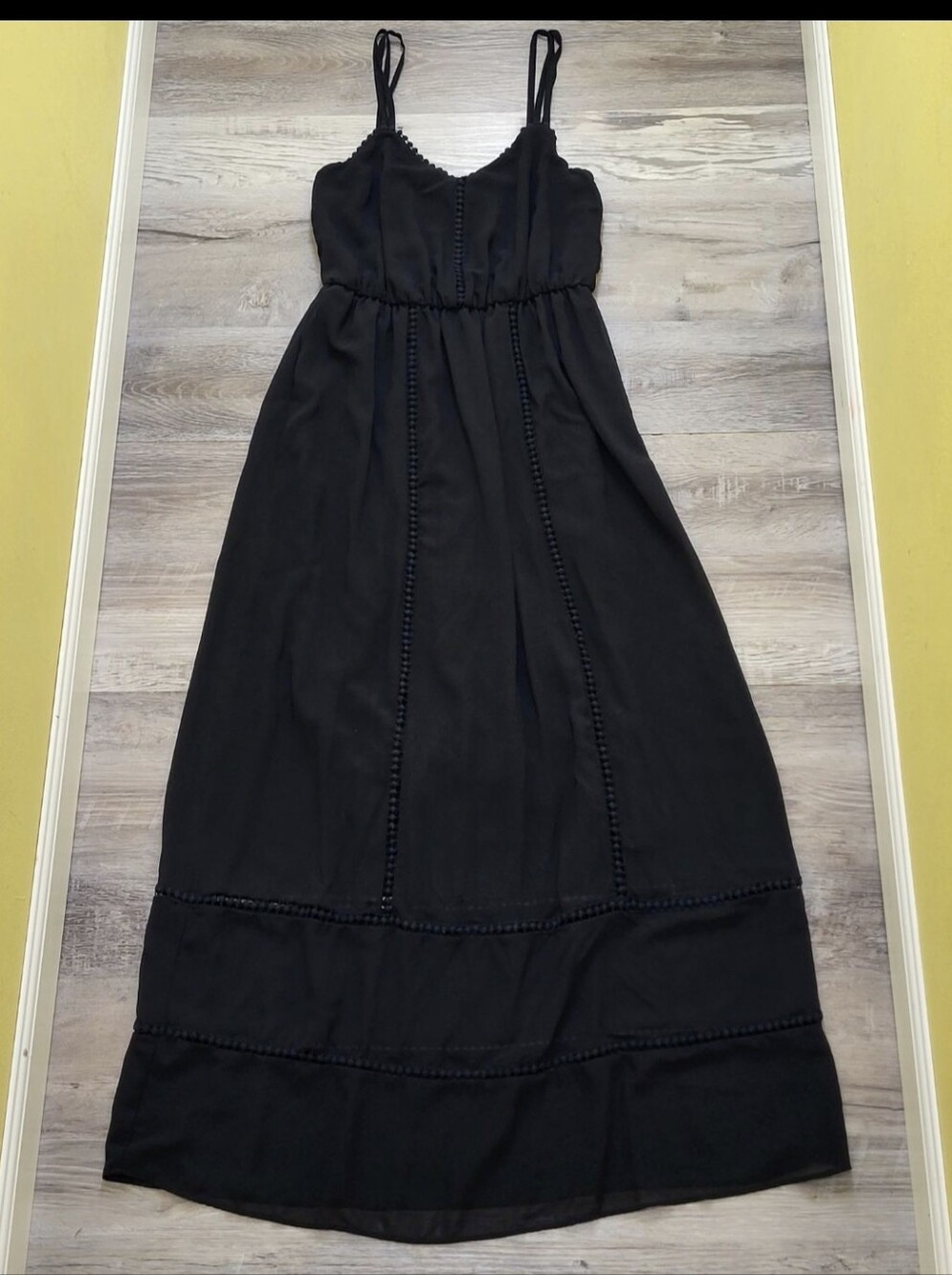 🛍Sequin Hearts Black Boho Pom Pom Trim Cami Maxi Dress Womens Small